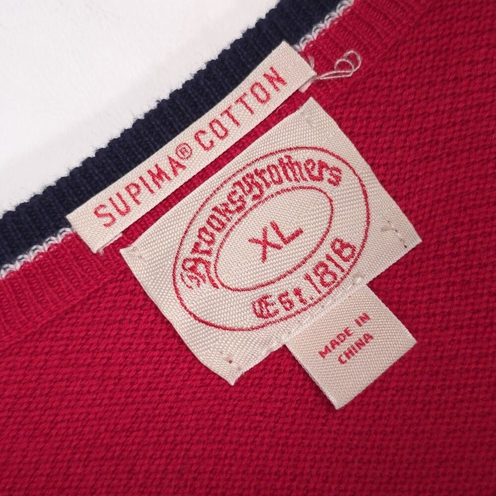 VTG Brooks Brothers Knit Pullover Sweater Men’s XL Red Supima Cotton V Neck Logo - Picture 2 of 9